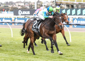 Hurry Curry (NZ) ridden by Jye McNeil wins the Crown Oaks Preview at Flemington Racecourse on September 22, 2024 in Flemington, Australia.