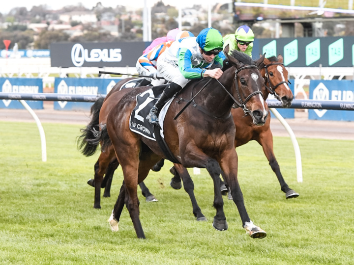 Hurry Curry (NZ) ridden by Jye McNeil wins the Crown Oaks Preview at Flemington Racecourse on September 22, 2024 in Flemington, Australia.